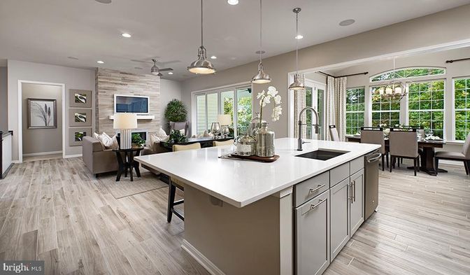 Dining room, Fireplace, Interior, Kitchen, Living room, Pendant Lights, Recessed Lighting, Wood Texture Flooring