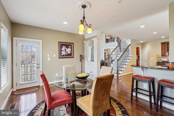 Dining room, Interior, Pendant Lights, Recessed Lighting, Wood Texture Flooring