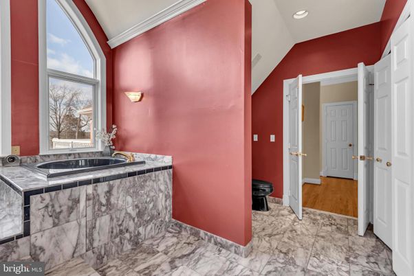 Bathroom, Interior, Marble, Recessed Lighting, Wood Texture Flooring