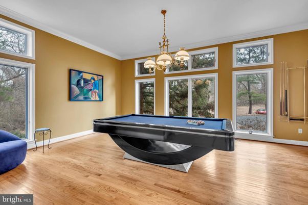 Billiard Table, Chandelier, Game Room, Interior, Pendant Lights, Wood Texture Flooring