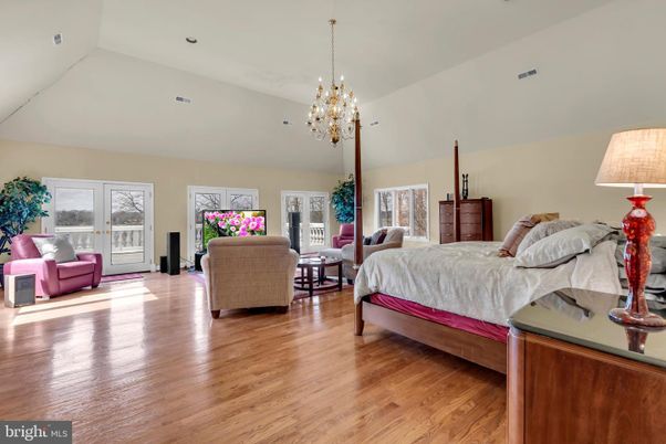 Bedroom, Chandelier, Interior, Recessed Lighting, Wood Texture Flooring