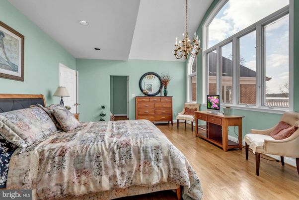 Bedroom, Chandelier, Interior, Recessed Lighting, Wood Texture Flooring