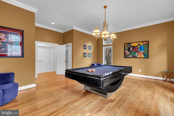Billiard Table, Chandelier, Game Room, Interior, Recessed Lighting, Wood Texture Flooring