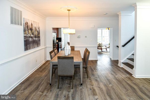 Dining room, Interior, Pendant Lights, Wood Texture Flooring