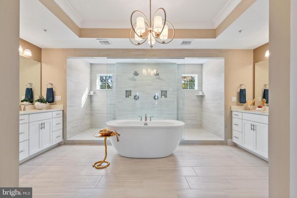 Bathroom, Chandelier, Dual Sink Vanities, Free Standing Baths, Interior, Pendant Lights