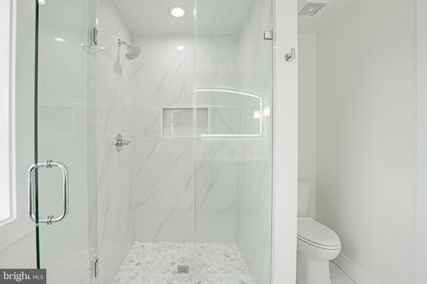 Bathroom, Glass Shower, Interior, Marble Walls, Recessed Lighting