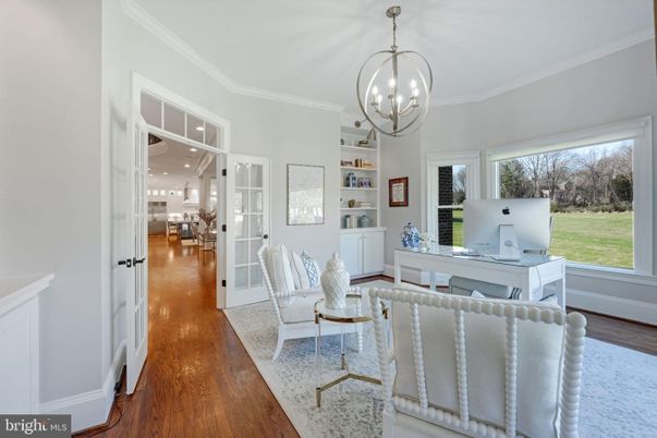 Chandelier, Home Office, Interior, Recessed Lighting, Wood Texture Flooring