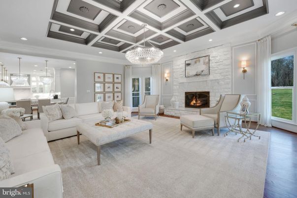 Chandelier, Fireplace, Interior, Kitchen, Living room, Pendant Lights, Recessed Lighting, Wood Texture Flooring