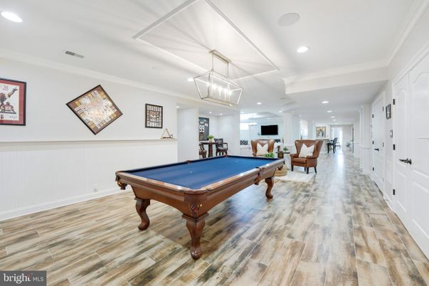 Billiard Table, Game Room, Interior, Pendant Lights, Recessed Lighting, Wood Texture Flooring