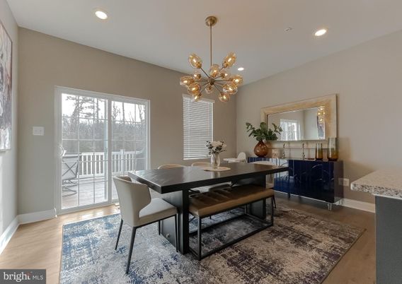 Dining room, Interior, Pendant Lights, Recessed Lighting, Wood Texture Flooring