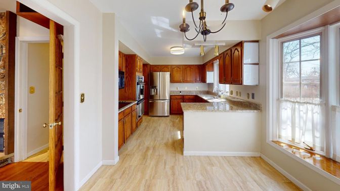 Chandelier, Interior, Kitchen, Pendant Lights, Stainless Steel Appliances, Wood Texture Flooring