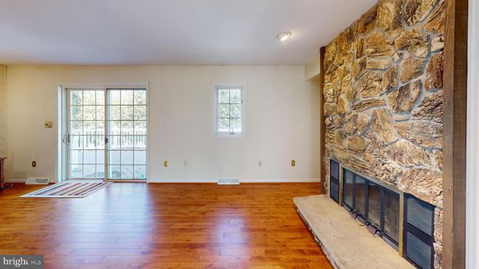 Empty room, Fireplace, Interior, Stone Walls, Wood Texture Flooring