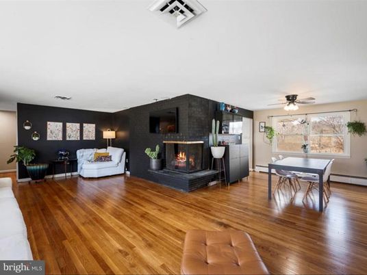 Dining room, Fireplace, Interior, Living room, Wood Texture Flooring