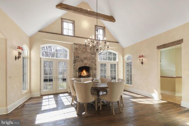 Chandelier, Dining room, Fireplace, Interior, Pendant Lights, Wooden Beams, Wood Texture Flooring