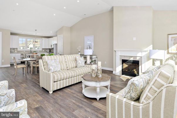 Dining room, Fireplace, Interior, Kitchen, Living room, Pendant Lights, Recessed Lighting, Wood Texture Flooring