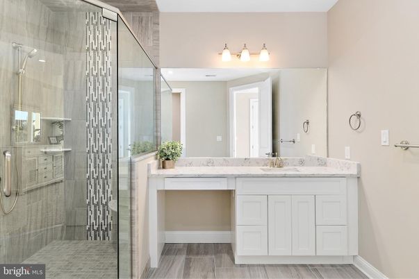 Bathroom, Dual Sink Vanities, Glass Shower, Interior, Wood Texture Flooring