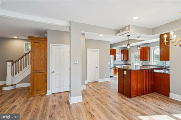 Interior, Kitchen, Pendant Lights, Recessed Lighting, Wood Texture Flooring