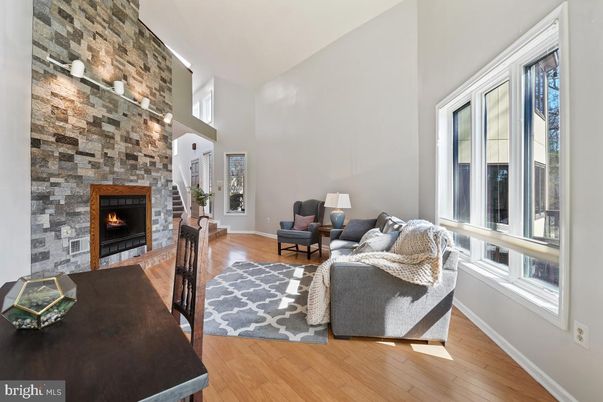 Fireplace, Home Office, Interior, Living room, Stone Walls, Wood Texture Flooring