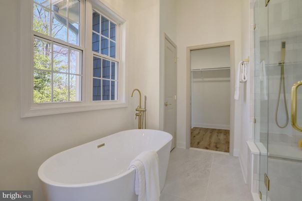 Bathroom, Free Standing Baths, Glass Shower, Interior, Wood Texture Flooring