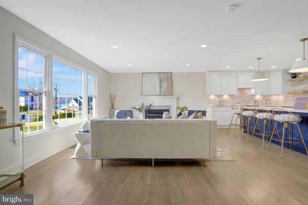 Fireplace, Interior, Kitchen, Living room, Pendant Lights, Recessed Lighting, Wood Texture Flooring