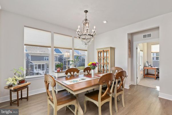 Chandelier, Dining room, Interior, Recessed Lighting, Wood Texture Flooring