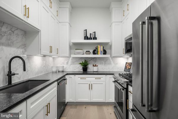 Interior, Kitchen, Marble Walls, Stainless Steel Appliances, Wood Texture Flooring