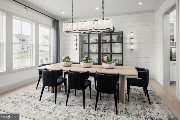 Dining room, Interior, Pendant Lights, Recessed Lighting, Wood Texture Flooring
