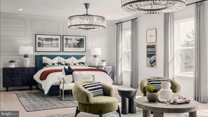 Bedroom, Chandelier, Interior, Recessed Lighting, Wood Texture Flooring