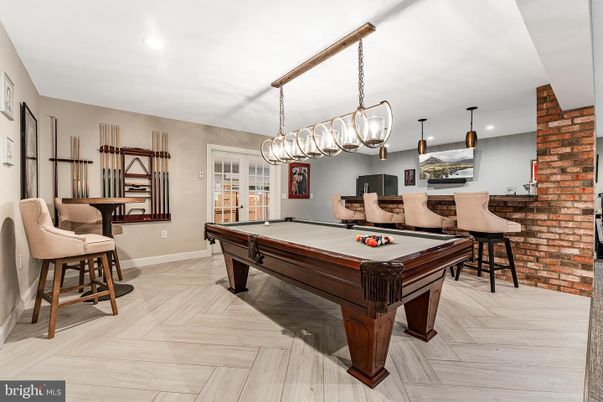 Billiard Table, Game Room, Interior, Pendant Lights, Recessed Lighting, Stone Walls, Wood Texture Flooring