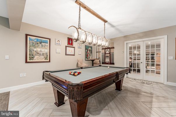 Billiard Table, Chandelier, Game Room, Interior, Pendant Lights, Wooden Beams, Wood Texture Flooring
