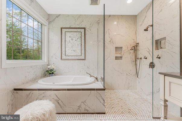 Bathroom, Glass Shower, Interior, Marble Walls, Recessed Lighting