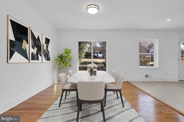 Dining room, Interior, Recessed Lighting, Wood Texture Flooring