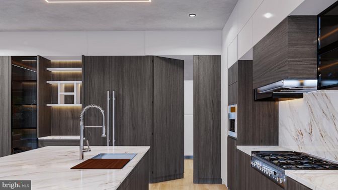 Interior, Kitchen, Marble Walls, Recessed Lighting, Stainless Steel Appliances