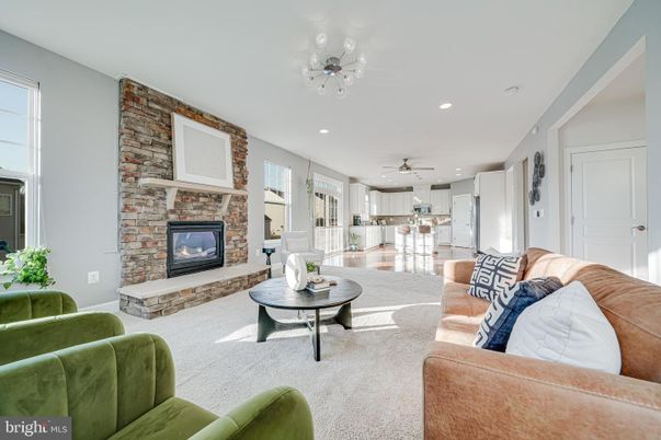 Fireplace, Interior, Living room, Recessed Lighting, Stone Walls