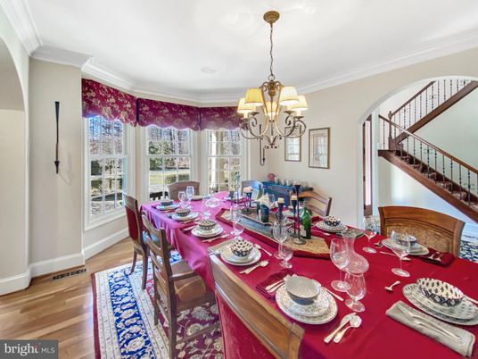 Chandelier, Dining room, Interior, Wood Texture Flooring