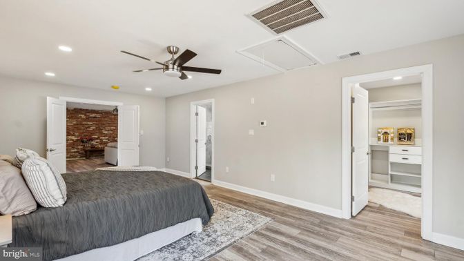 Bedroom, Interior, Recessed Lighting, Stone Walls, Wood Texture Flooring