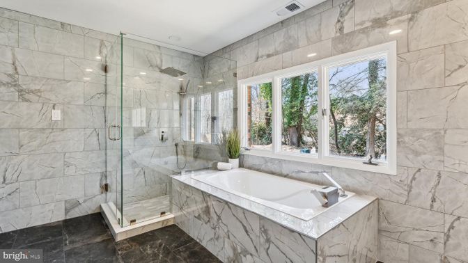 Bathroom, Glass Shower, Interior, Marble Walls, Recessed Lighting