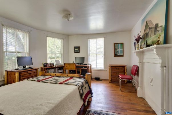 Bedroom, Fireplace, Home Office, Interior, Wood Texture Flooring