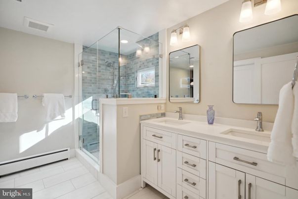Bathroom, Dual Sink Vanities, Glass Shower, Interior, Recessed Lighting