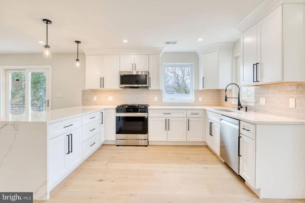 Interior, Kitchen, Pendant Lights, Recessed Lighting, Stainless Steel Appliances, Wood Texture Flooring