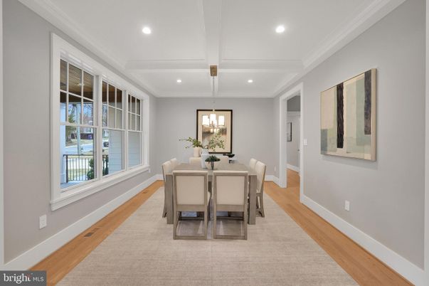 Dining room, Interior, Pendant Lights, Recessed Lighting, Wood Texture Flooring