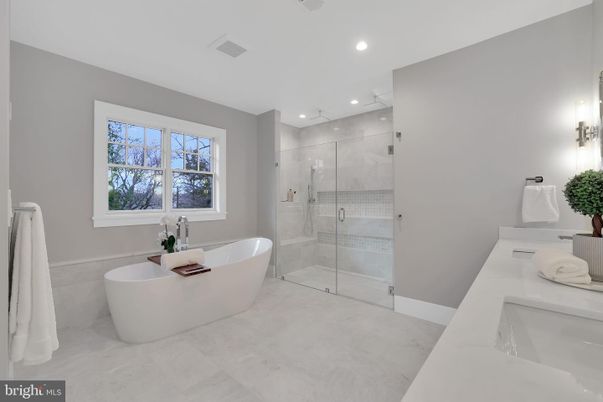 Bathroom, Dual Sink Vanities, Free Standing Baths, Glass Shower, Interior, Marble, Recessed Lighting