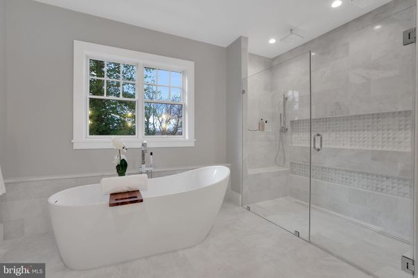 Bathroom, Free Standing Baths, Glass Shower, Interior, Marble Walls, Recessed Lighting