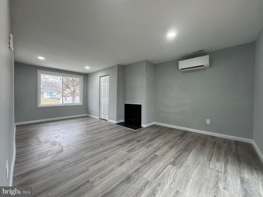 Empty room, Fireplace, Interior, Recessed Lighting, Wood Texture Flooring