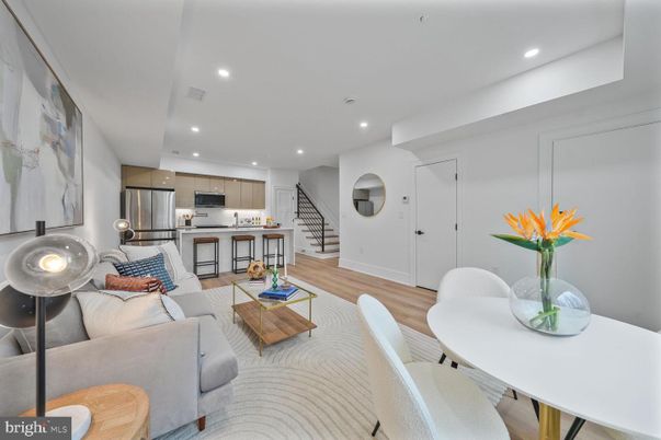 Dining room, Interior, Kitchen, Living room, Recessed Lighting, Stainless Steel Appliances, Wood Texture Flooring