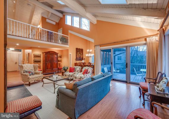 Chandelier, Dining room, Interior, Living room, Pendant Lights, Recessed Lighting, Wooden Beams, Wooden Ceilings, Wood Texture Flooring