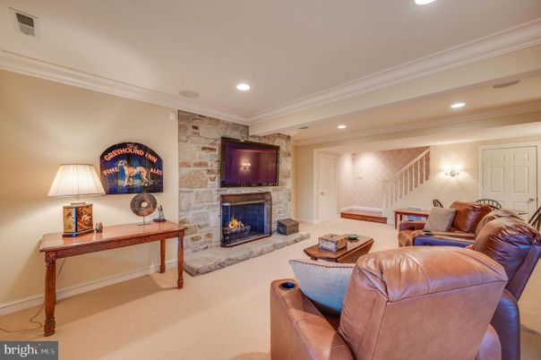 Fireplace, Interior, Living room, Recessed Lighting, Stone Walls