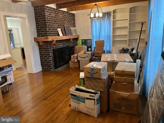 Fireplace, Home Office, Interior, Pendant Lights, Stone Walls, Wooden Beams, Wood Texture Flooring
