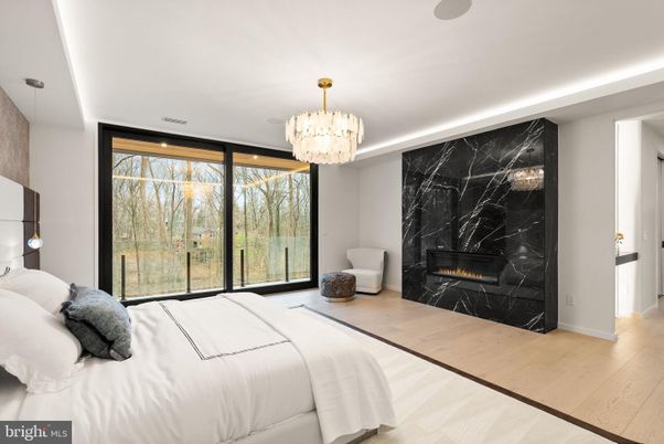 Bedroom, Chandelier, Fireplace, Interior, Marble Walls, Wood Texture Flooring