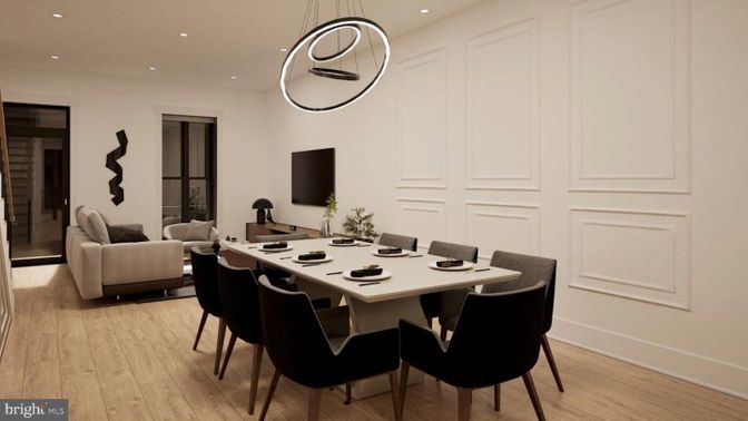 Dining room, Interior, Living room, Pendant Lights, Recessed Lighting, Wood Texture Flooring